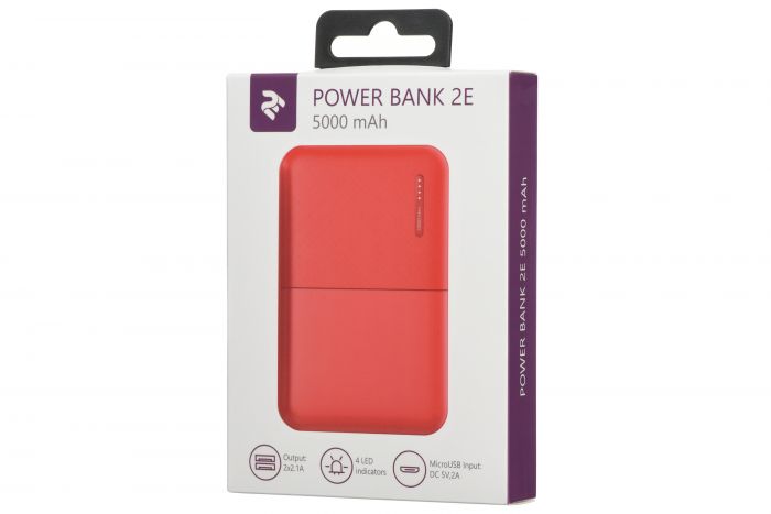 Портативний зарядний пристрій Power Bank 2E 5000mAh, DC 5V, 2.1A, 4 LED indicator, red