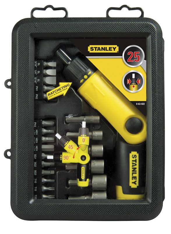 Викрутка Stanley "Pistol Grip Ratchet", бітотримач реверсний 1/4", 20 біт, кейс