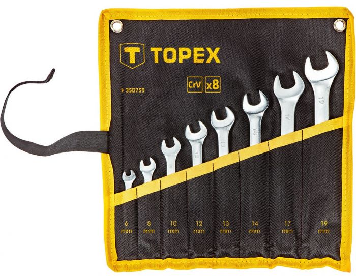 Ключі гайкові TOPEX, набір 8 од., комбіновані, 6-19 мм, CrV, чохол-скручування
