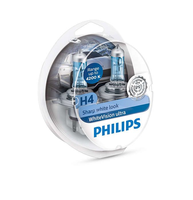 Лампа галогена Philips H4 WhiteVision Ultra +60%, 4200K, 2шт/блистер