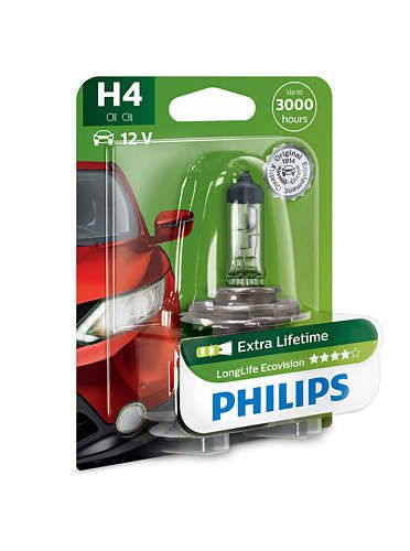 Лампа галогенна Philips H4 LongLife EcoVision, 1шт/блістер