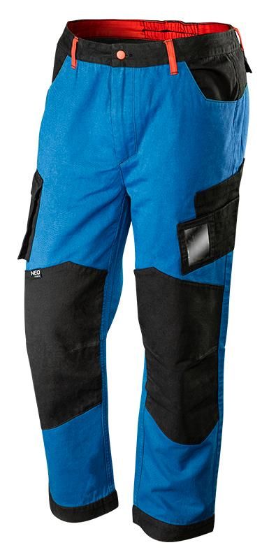 Штани робочі NEO HD+, розмір XL (54), 275 г/м2, 100% бавовна, профільовані коліна з відсіком для наколінників, потрійні внутрішні шви, еластична конструкція пояса, міцні кишені, чорно-сині