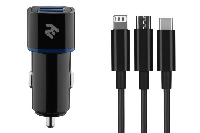 Набір Автомобільний ЗП 2Е 2хUSB 2.4A + кабель 3в1 Lightning/microUSB/Type-C) Black