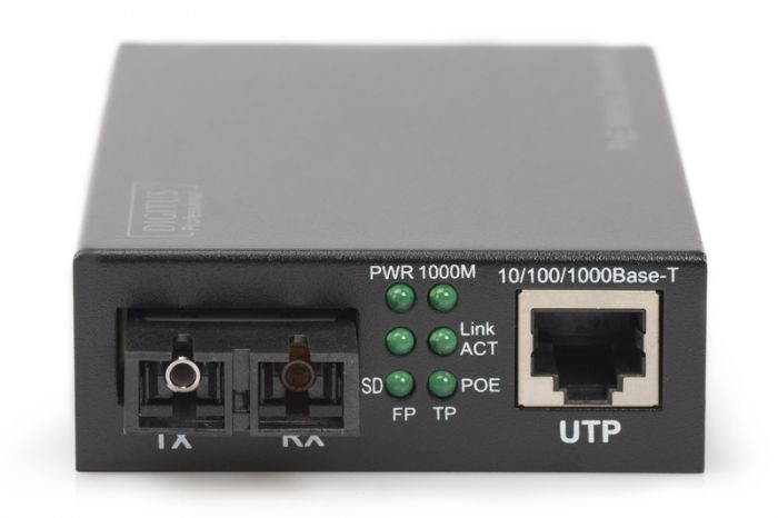Медіаконвертер DIGITUS PoE, SM 10/100/1000Base-T to 1000Base-LX, Incl. PSU 30W, SC, Up to 20km