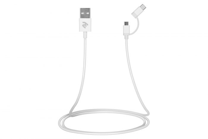 Кабель 2E USB to Micro + Type C, 5V/2.4A, 1m, white