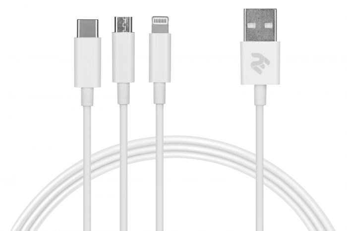 Кабель 2E USB 3 in 1 Micro/Lightning/Type C, 5V/2.4A, 1.2m, white