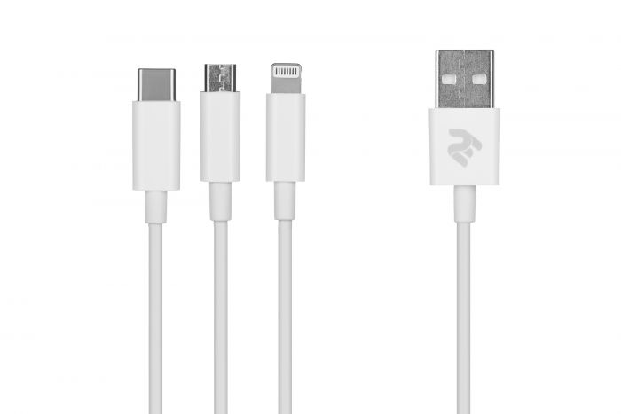 Кабель 2E USB 3 in 1 Micro/Lightning/Type C, 5V/2.4A, 1.2m, white