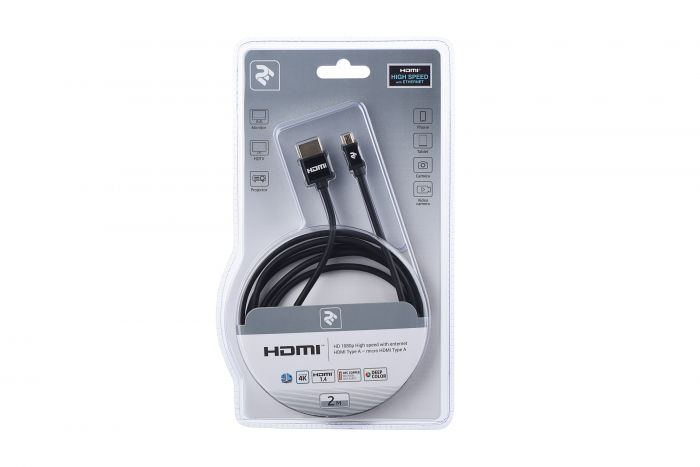 Кабель 2Е HDMI 1.4 (AM/microAM), Slim, High Speed, Alumium, black, 2m