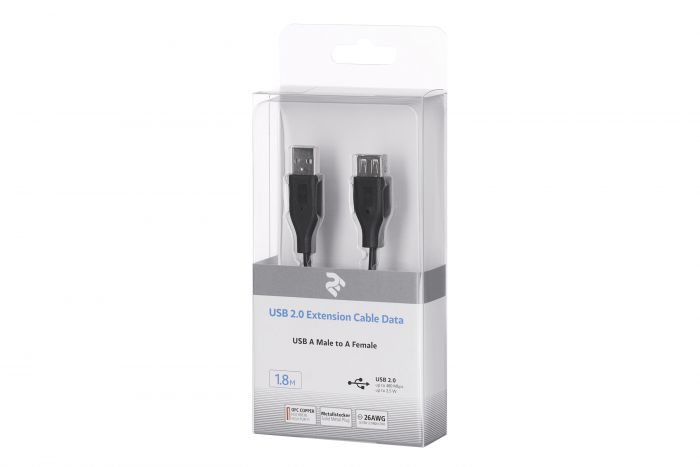 Кабель 2E USB 2.0 (AM/AF) 1.8m, black