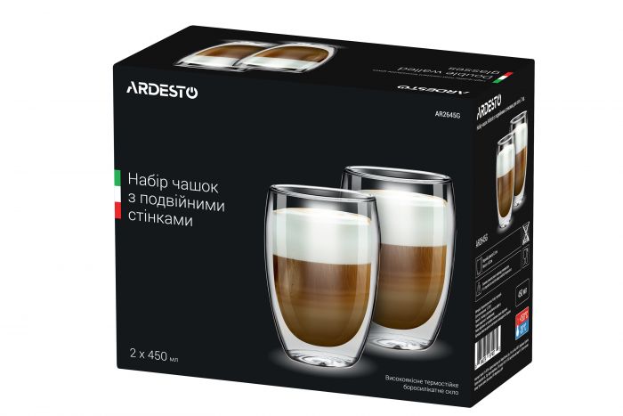 Набір чашок Ardesto з подвійними стінками, 450 мл, H 14,5 см, 2 од., боросилікатне скло