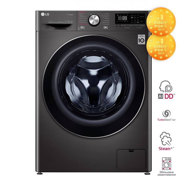 Пральна машина з фронт. завант. LG F2V9GW9P, 8,5кг, 1200, A+++-30%, Пара, глибина 47см, Дисплей, Чорний