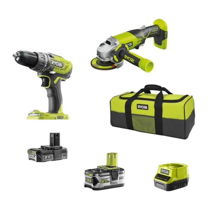 Ryobi Набір інструментів ONE+ R18DDAG-252S: шуруповерт R18DD3, КШМ R18AG