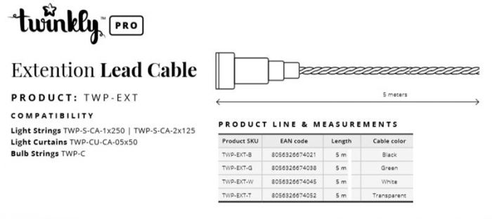 Подовжувач кабелю Twinkly Pro AWG22 PVC кабель, 5м, білий