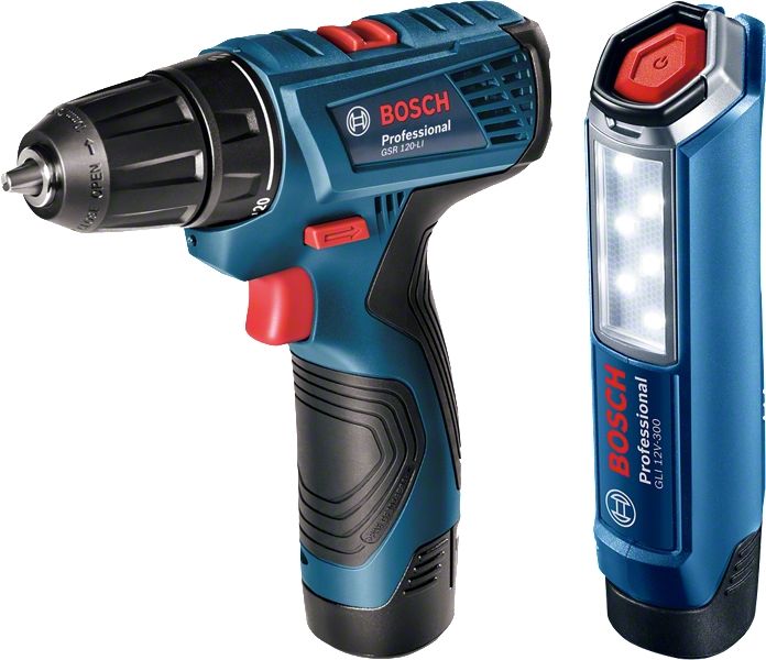 Шуруповерт-дриль Bosch GSR 120 LI+ ліхтарик GLI 12V-300, 2x2.0Ah