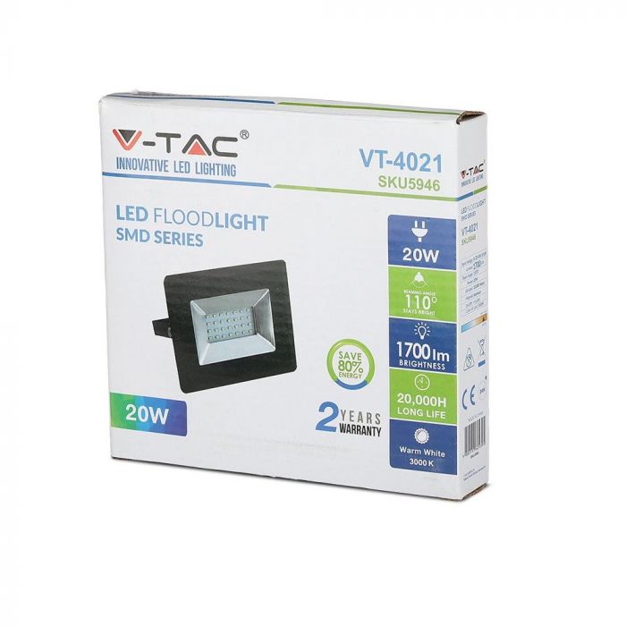 Прожектор вуличний LED V-TAC, 20W, SKU-5946, E-series, 230V, 3000К, чорний