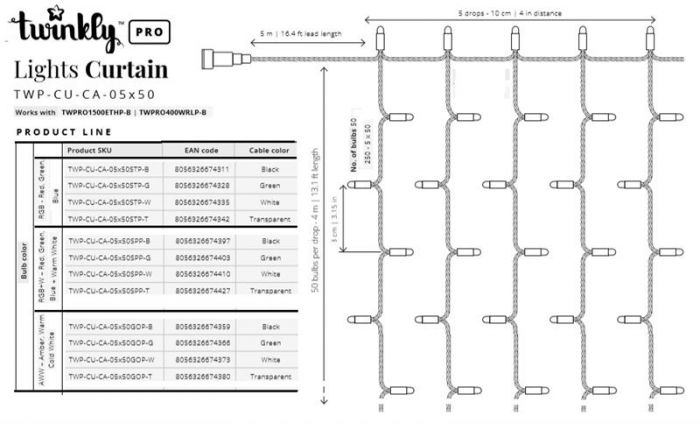 Smart LED Гірлянда Twinkly Pro Curtain Capsule AWW 250 (5x50)), IP65, AWG22 прозорий