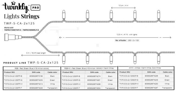 Smart LED Гірлянда Twinkly Pro Strings RGBW 250, подвійна лінія, AWG22, IP65, чорний