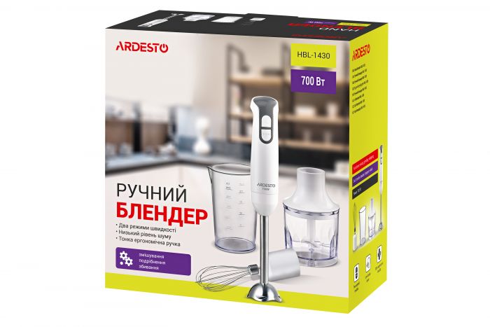 Блендер ручний Ardesto HBL-1430 - 700Вт/подрібнювач 0.3л/віничок/чаша 0.6л/білий