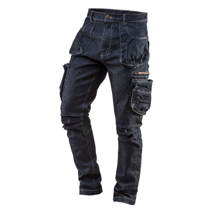 Штани робочі NEO Denim, розмір L (52), 410 г/м2, 98% бавовна та 2% спандекс, профільовані коліна, під колінами вставки для зручності, місткі кишені, темно сині