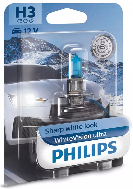 Лампа галогена Philips H3 WhiteVision Ultra +60%, 3900K, 1шт/блістер