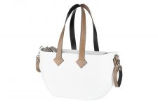 Сумка Nuvita MyMia білий корпус/бежева підкладка /коричневі шкіряні ручки, бокові фіксатори, ремені на візок