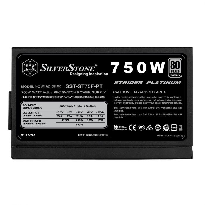 Блок живлення SilverStone STRIDER ST75F-PT V1.1(750W),80+Platinum,aPFC,14см,24+2x8,8xSATA,4xPCIe,+2,модульний
