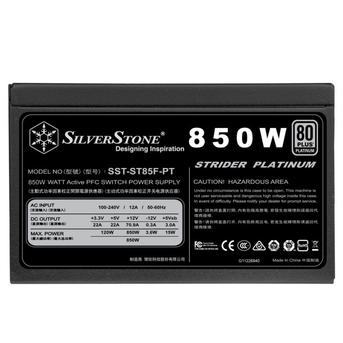 Блок живлення SilverStone STRIDER ST85F-PT (850W),80+Platinum,aPFC,12см,24+2x8,12xSATA,4xPCIe,+4,модульний