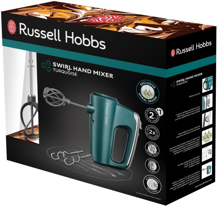 Міксер Russell Hobbs ручний Turquoise, 350Вт, насадки-4, турборежим, бірюзовий