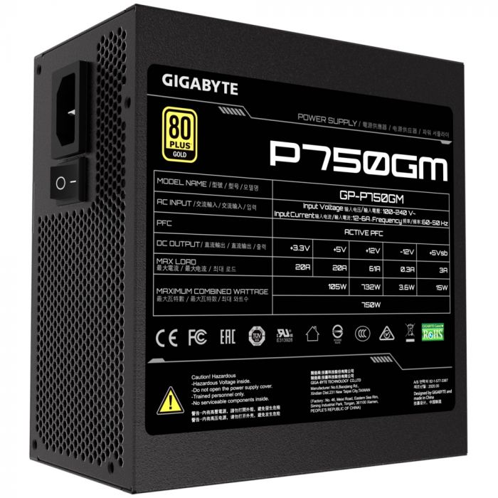 Блок живлення GIGABYTE P750GM (750W) 80+GOLD, aPFC, 12см,20+4/2*4+4/8*SATA/4*PCIe/4,модульний