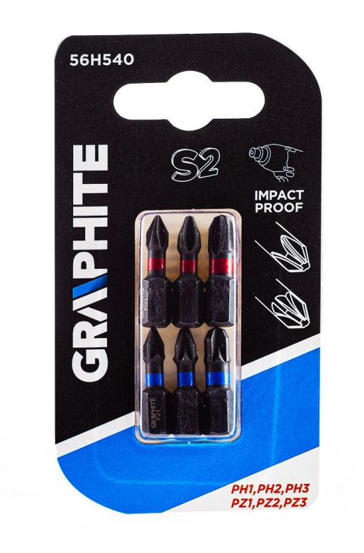 Біти ударні GRAPHITE, 6 од., 1/4", PH1/2/3 x 25мм, PZ1/2/3 x 25мм, сталь S2