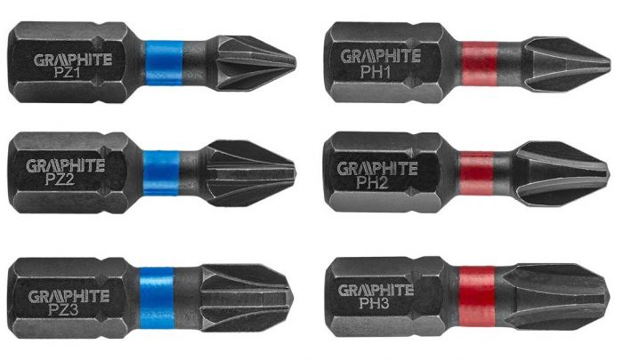 Біти ударні GRAPHITE, 6 од., 1/4", PH1/2/3 x 25мм, PZ1/2/3 x 25мм, сталь S2