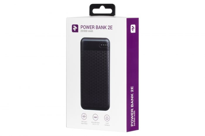 Портативний зарядний пристрій Power Bank 2E 20000mAh, DC 5V, 2.1A, Type-C, MicroUSB, USB-А, black