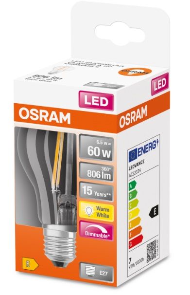 Лампа світлодіодна OSRAM LED A60 7W (806Lm) 2700K E27 філаментна