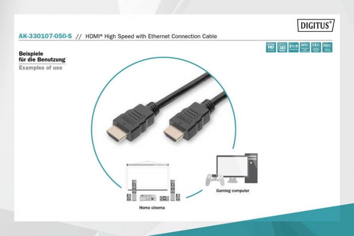 Кабель Digitus HDMI High speed+Ethernet (AM/AM) 5m, black