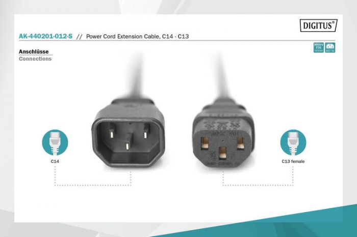 Кабель живлення DIGITUS C14-C13 M/F, 1.2m, 0.75qmm, black