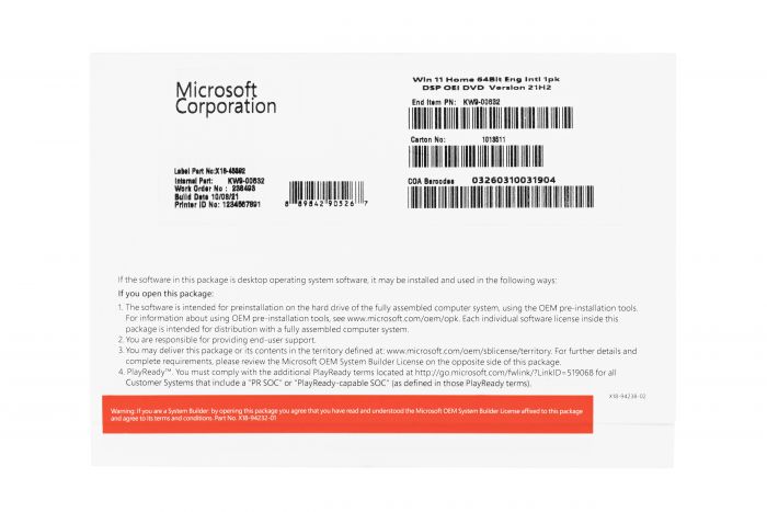 Програмне забезпечення Microsoft Windows 11 Home 64Bit Eng 1pk DSP OEI DVD