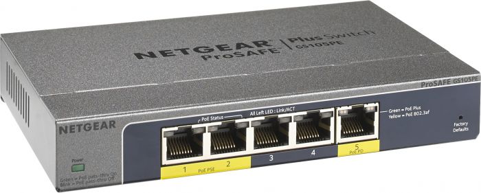 Комутатор NETGEAR GS105PE PoE pass-thru, 2xGE PSE, 1xGE PD, 2xGE, керований L2
