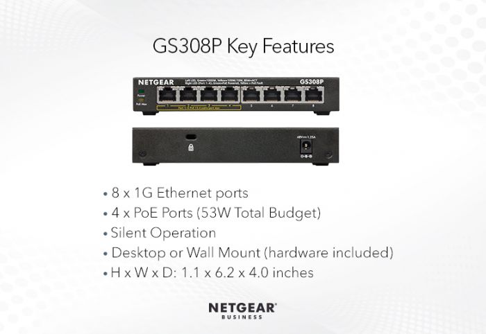 Комутатор NETGEAR GS308P 4xGE PoE (53Вт), 4xGE, некерований