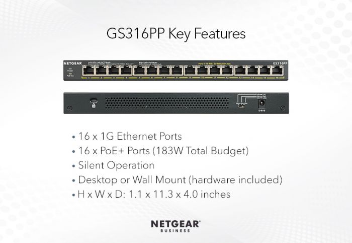Комутатор NETGEAR GS316PP 16xGE PoE+ (183Вт), FlexPoE, некерований
