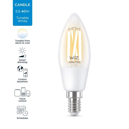 Лампа розумна WiZ, E14, 4.9W, 40W, 470Lm, C35, 2700-6500, філаментна, Wi-Fi
