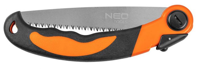 Пила NEO Bushcraft, 43см, складана, два положення фіксації, гумова ручка, сталь SK4, твердість HRC66, три ряди зубів