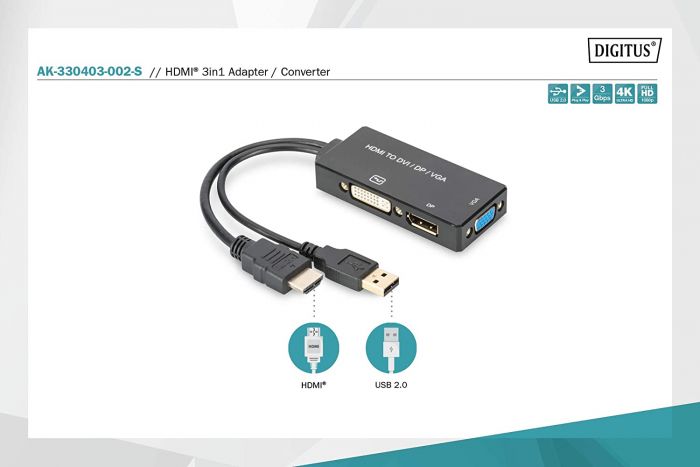 Перехідник DIGITUS HDMI - DP+DVI+VGA UHD 4K, M-F/F/F, 3 in 1