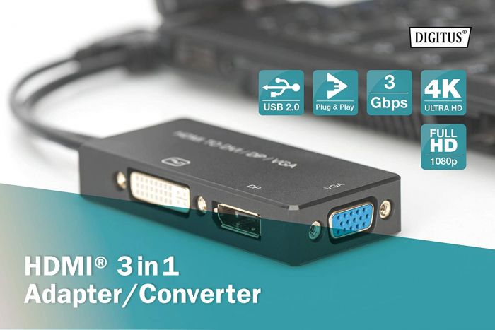Перехідник DIGITUS HDMI - DP+DVI+VGA UHD 4K, M-F/F/F, 3 in 1