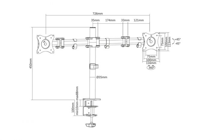 Кріплення DIGITUS Dual Monitor Clamp, 15-27", з нахилом, поворотом