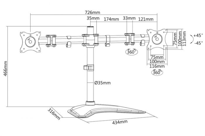 Кріплення DIGITUS Dual Monitor Stand, 15-27", з нахилом, поворотом