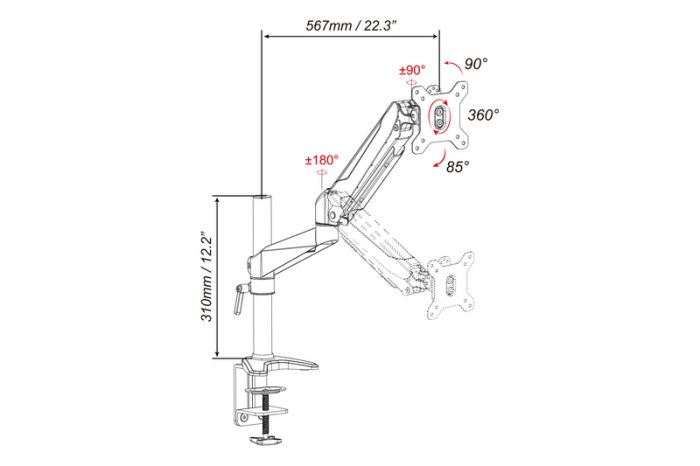 Кріплення DIGITUS Monitor Clamp gas spring, 15-27", з нахилом, поворотом