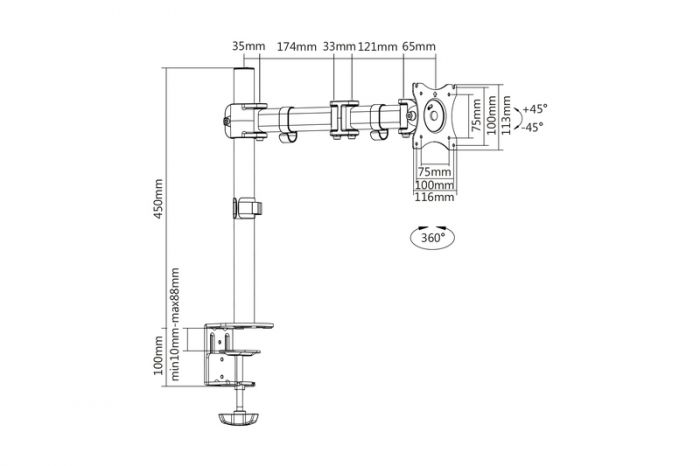 Кріплення DIGITUS Monitor Clamp, 15-27", з нахилом, поворотом