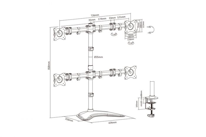 Кріплення DIGITUS Quad Monitor Stand/Clamp, 15-27", з нахилом, поворотом