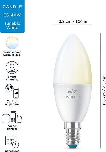 Лампа розумна WiZ, E14, 4.9W, 40W, 400Lm, C37, 2700-6500K, Wi-Fi