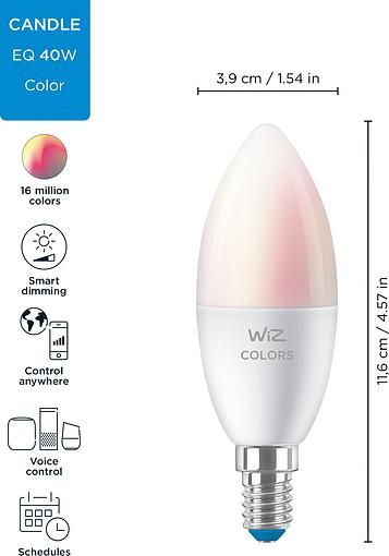 Лампа розумна WiZ, E14, 4.9W, 40W, 806Lm, C37, 2200-6500K, RGB, Wi-Fi